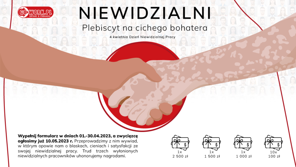 Plakat plebiscytu Niewidzialni prezentuje dwie uściśnięte dłonie na białym tle. Plakat zawiera szczegółowe informacje o zasadach plebiscytu.